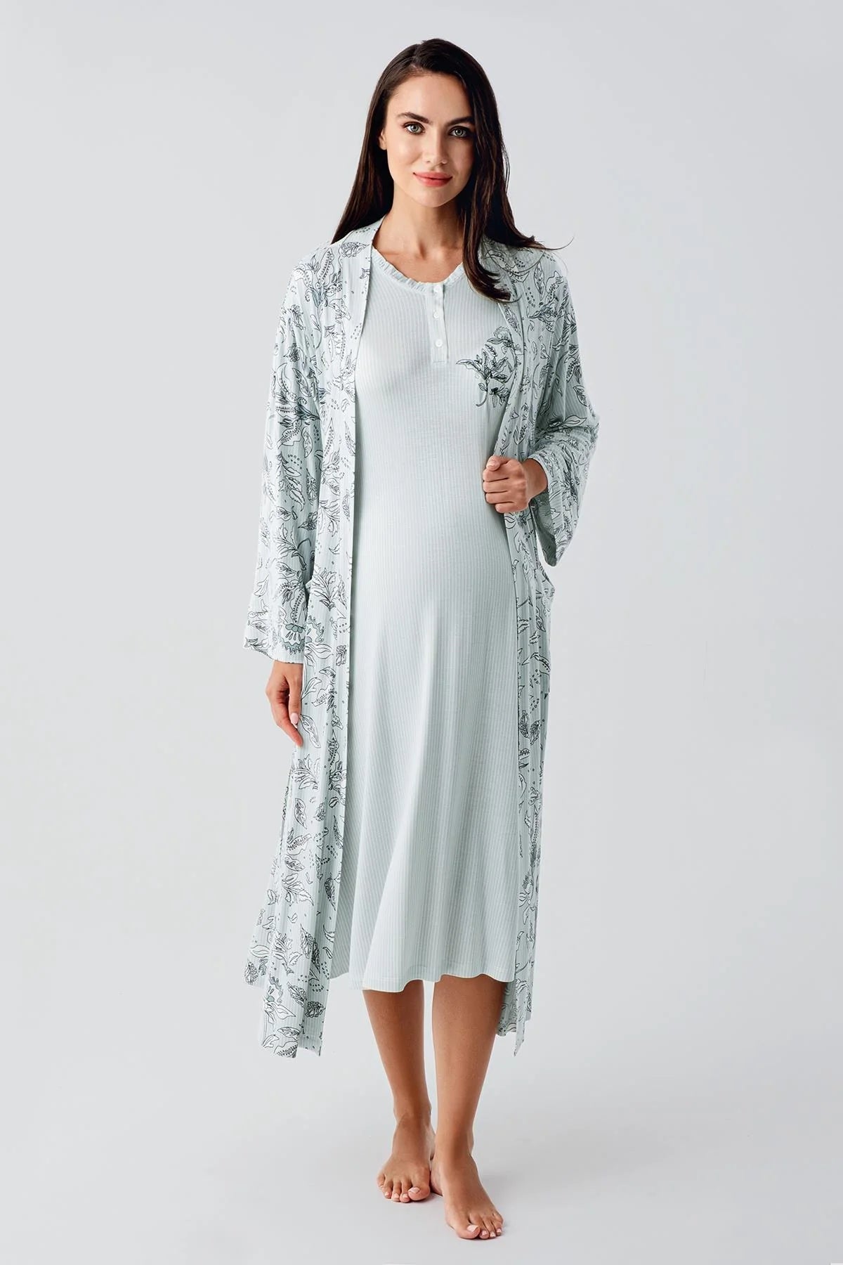 Lace Sleeve Maternity & Nursing Nightgown With Flowery Robe Green - 24100