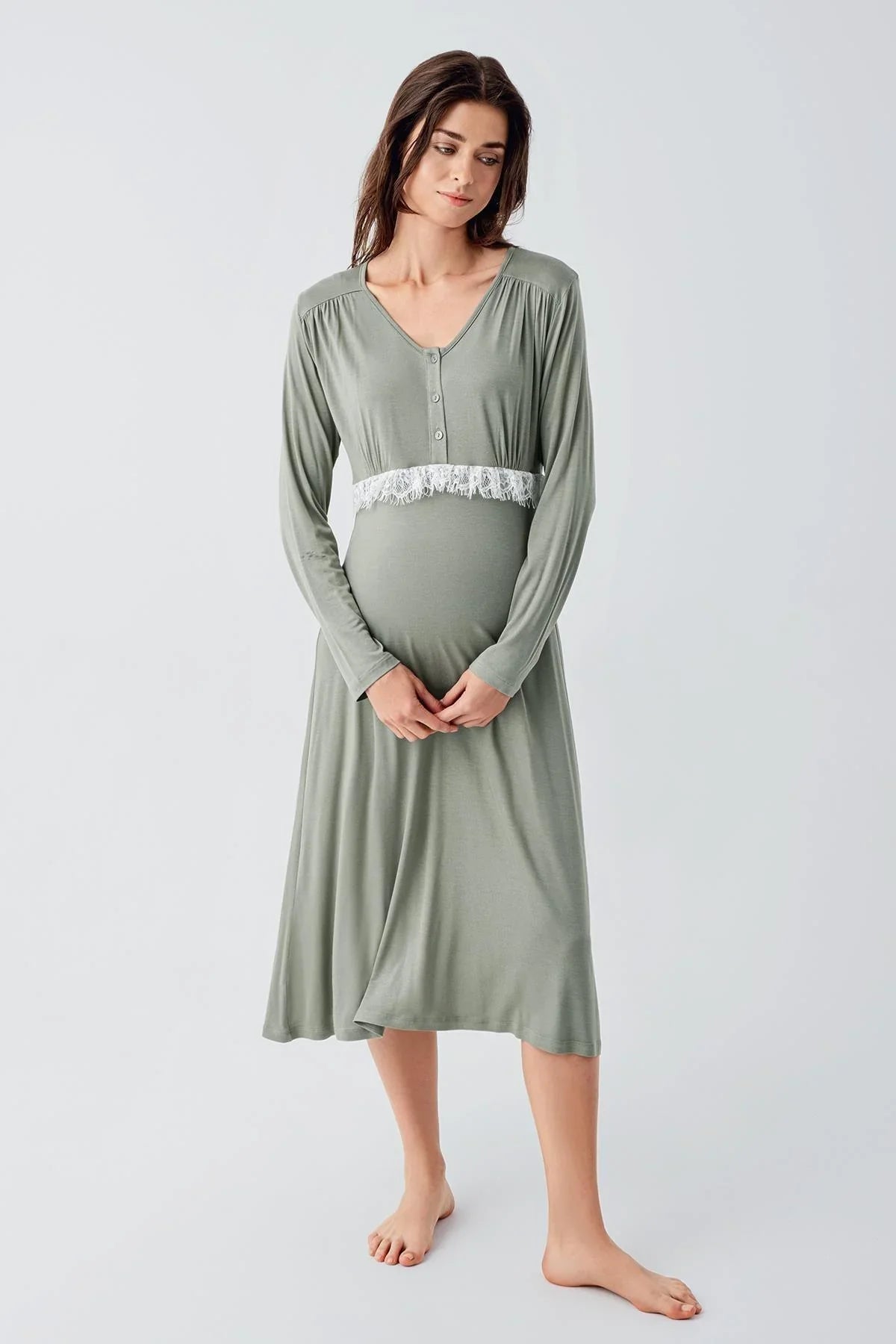 Lacy Maternity & Nursing Nightgown With Patterned Robe Green - 24101