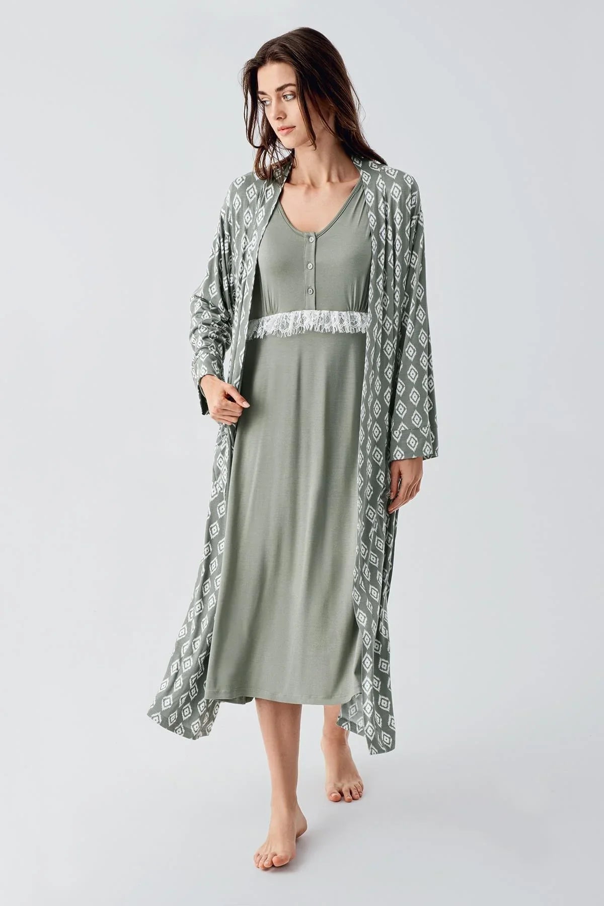 Lacy Maternity & Nursing Nightgown With Patterned Robe Green - 24101