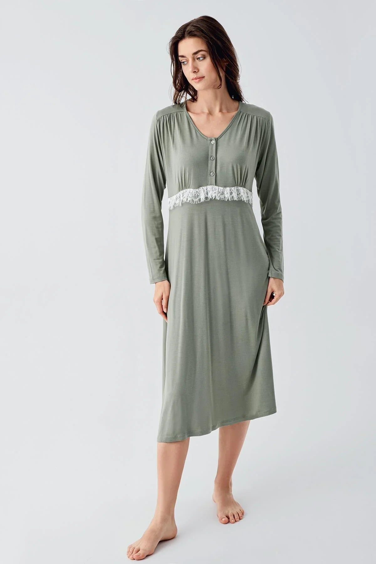 Lacy Maternity & Nursing Nightgown With Patterned Robe Green - 24101