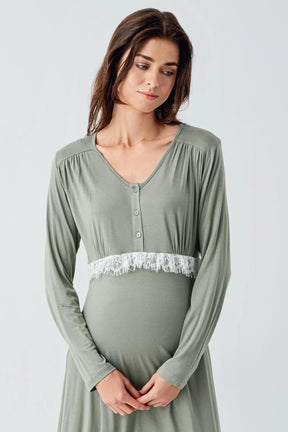 Lacy Maternity & Nursing Nightgown With Patterned Robe Green - 24101