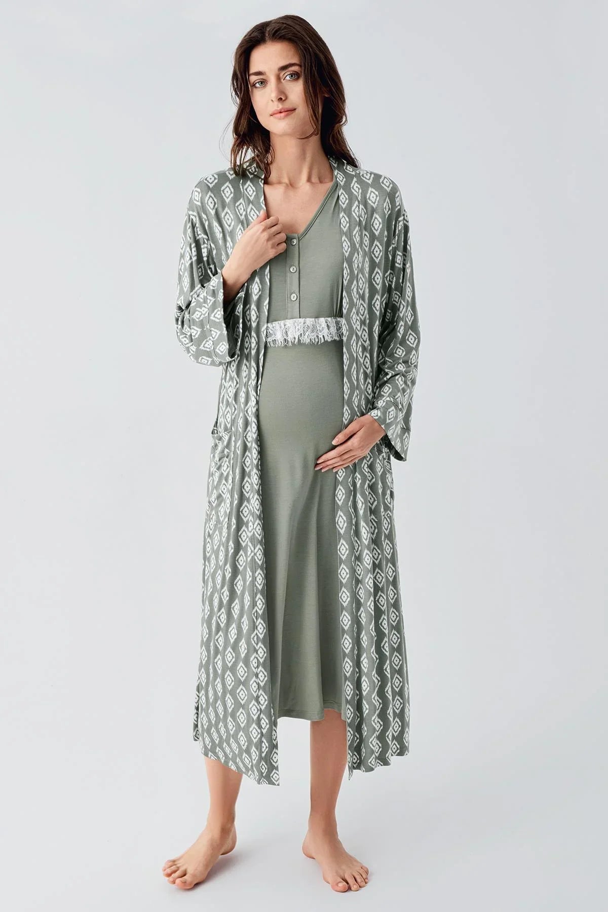 Lacy Maternity & Nursing Nightgown With Patterned Robe Green - 24101