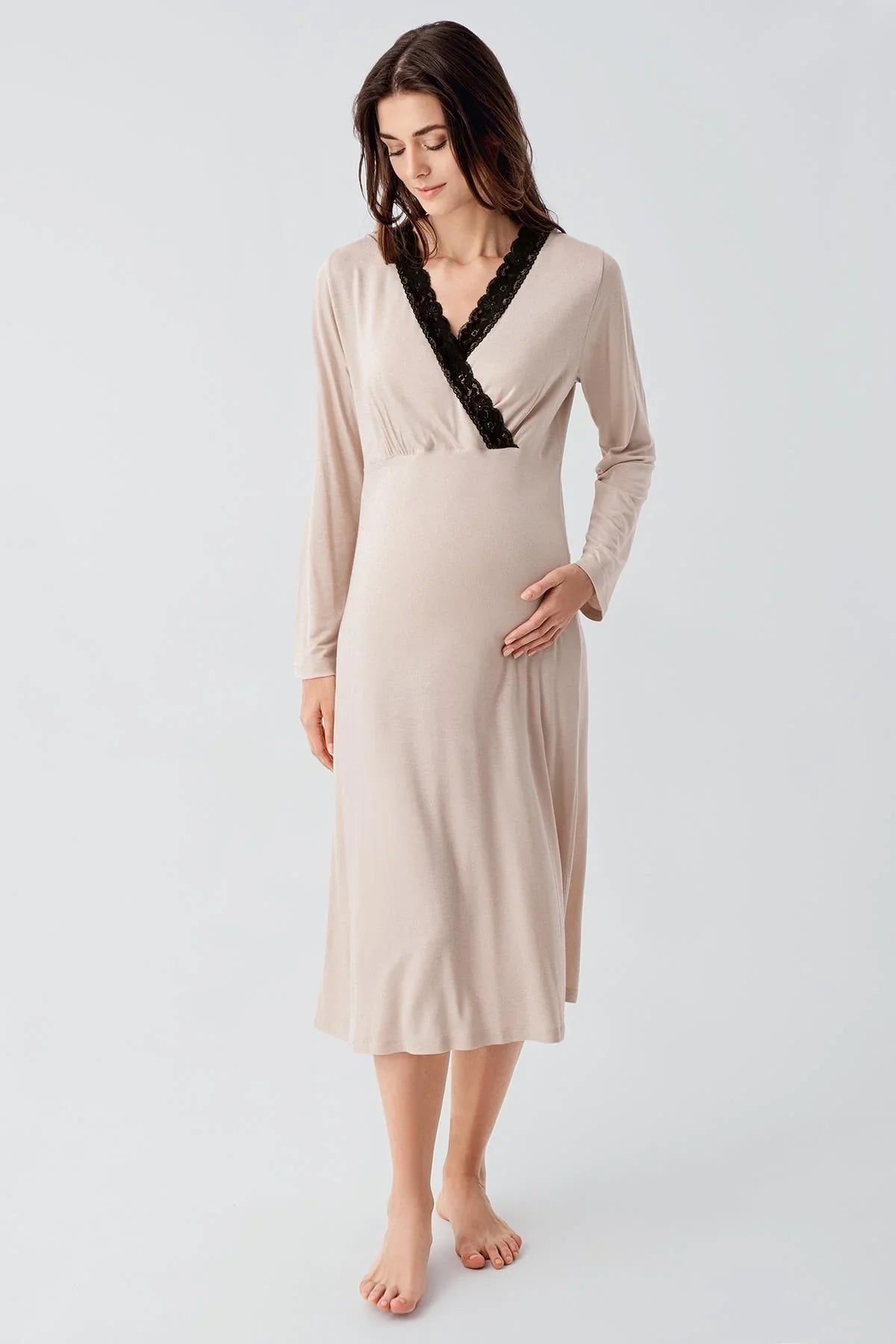 Lace Detailed Maternity & Nursing Nightgown With Robe Beige - 24102