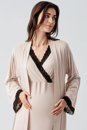 Lace Detailed Maternity-Nursing Nightgown & Robe Set Beige - 24102