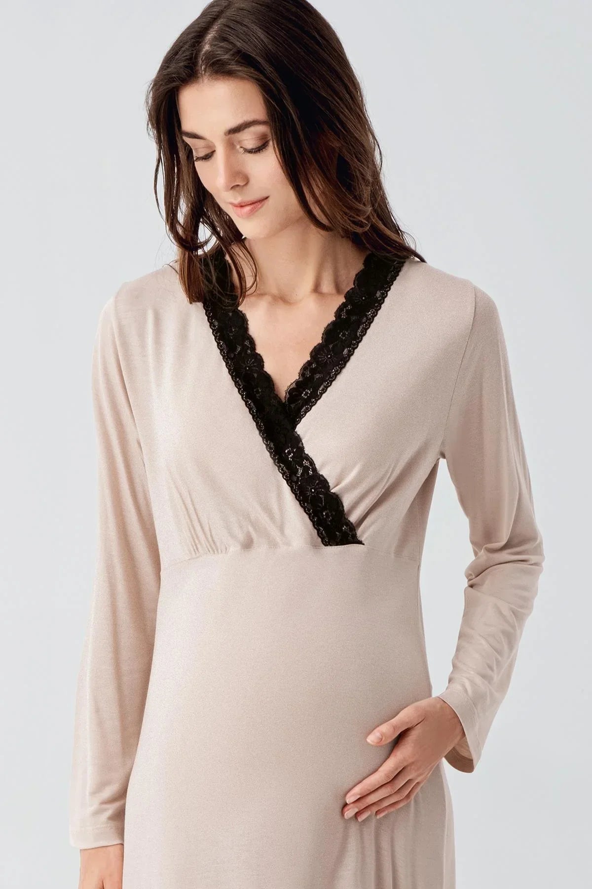 Lace Detailed Maternity-Nursing Nightgown & Robe Set Beige - 24102