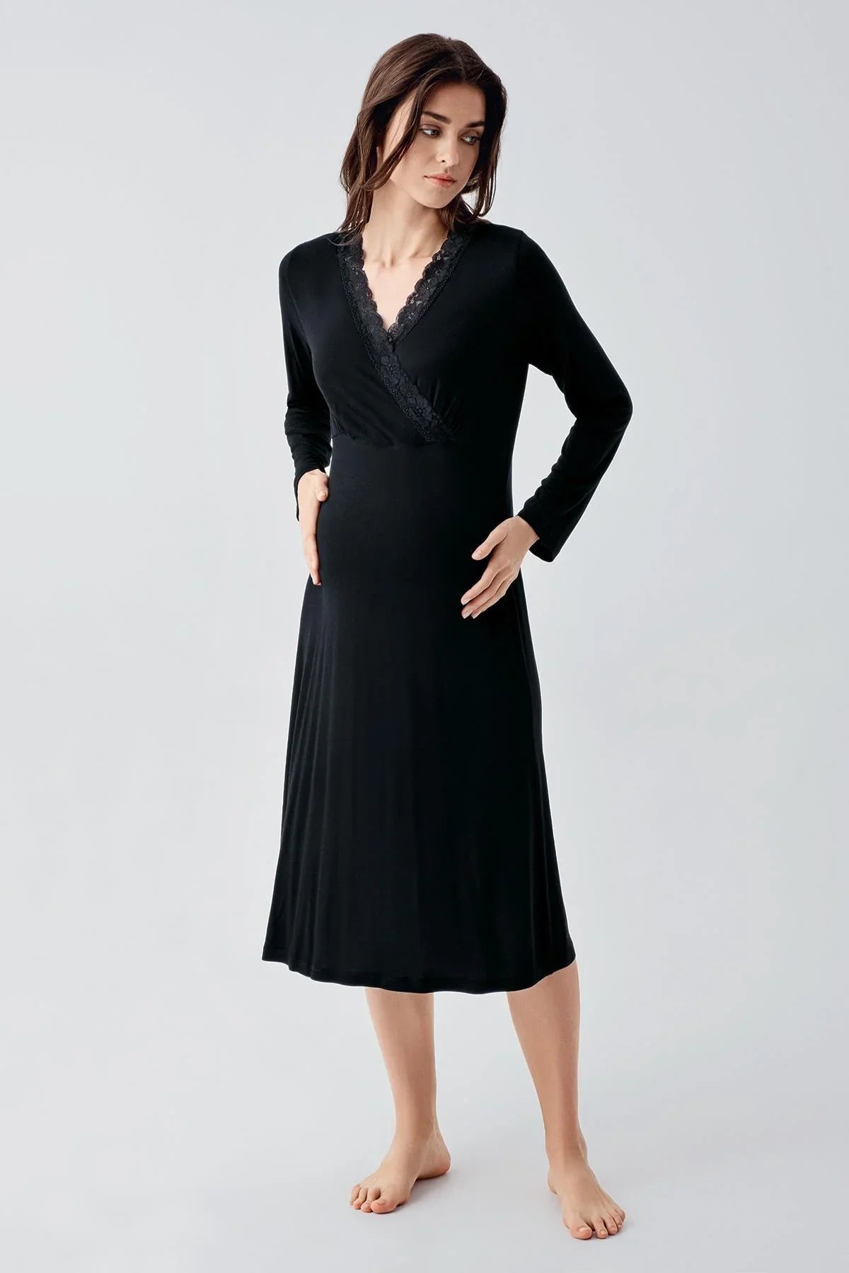 Lace Detailed Maternity & Nursing Nightgown With Robe Black - 24102