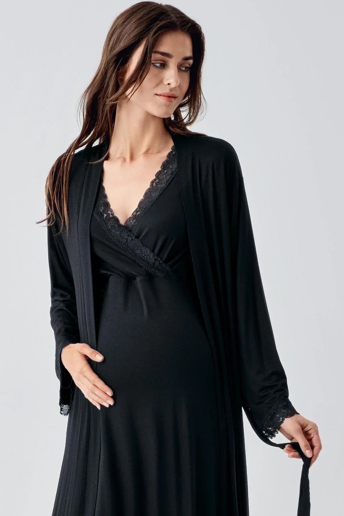 Lace Detailed Maternity & Nursing Nightgown With Robe Black - 24102