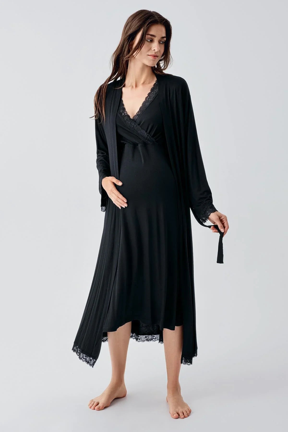 Lace Detailed Maternity & Nursing Nightgown With Robe Black - 24102