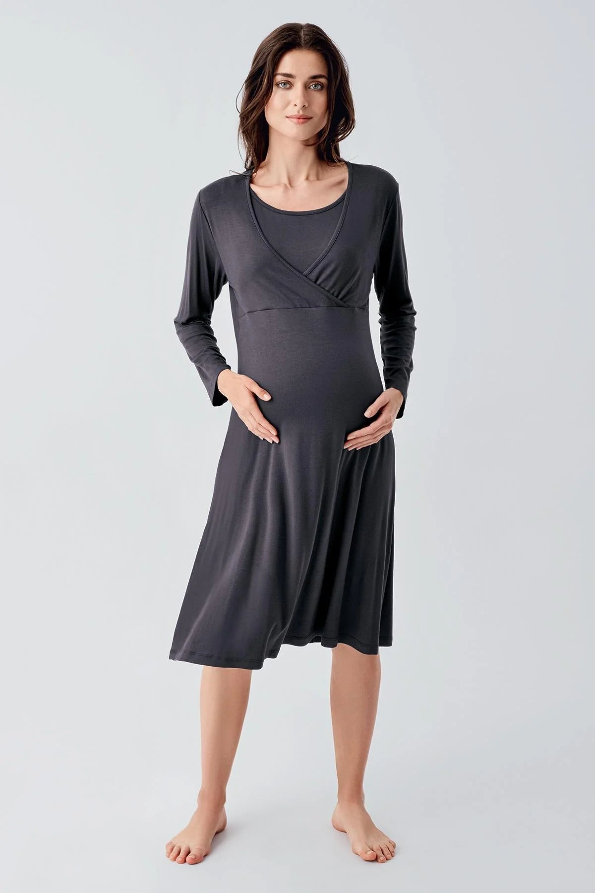 Melange Double Breasted Maternity & Nursing Nightgown With Robe Anthracite - 24105