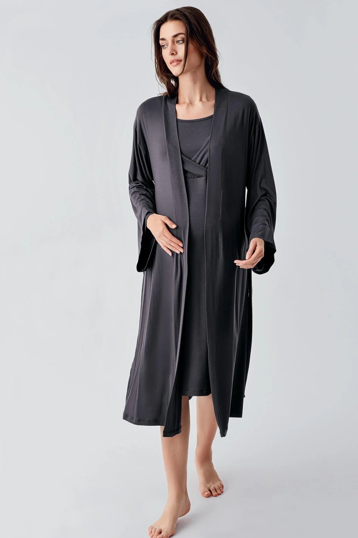 Melange Double Breasted Maternity & Nursing Nightgown With Robe Anthracite - 24105