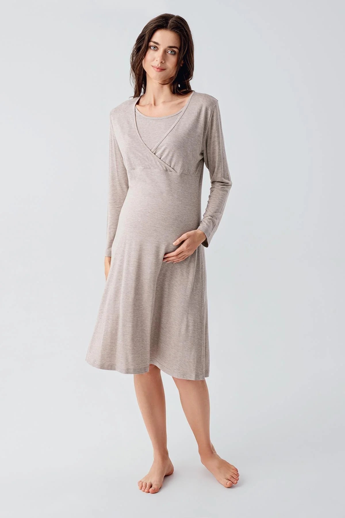 Melange Double Breasted Maternity & Nursing Nightgown With Robe Beige - 24105