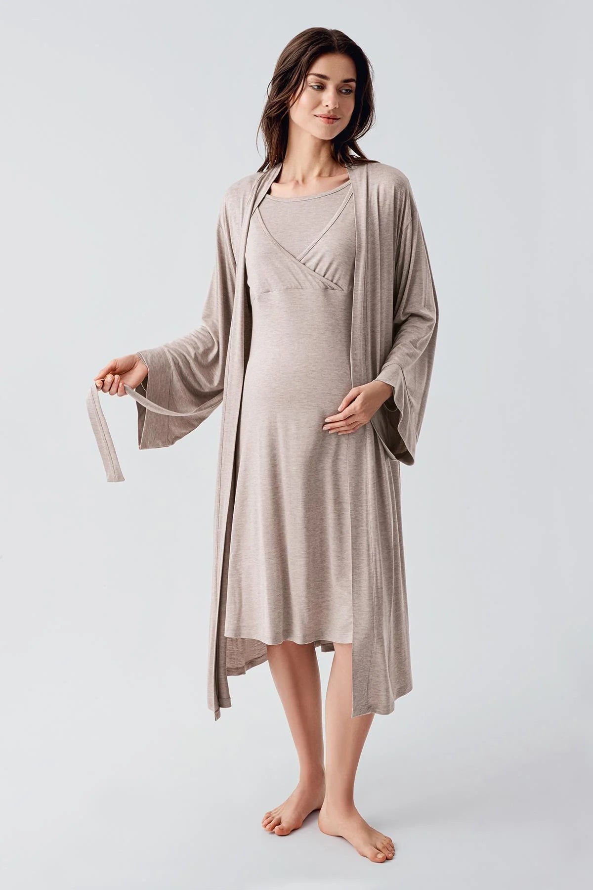 Melange Double Breasted Maternity & Nursing Nightgown With Robe Beige - 24105