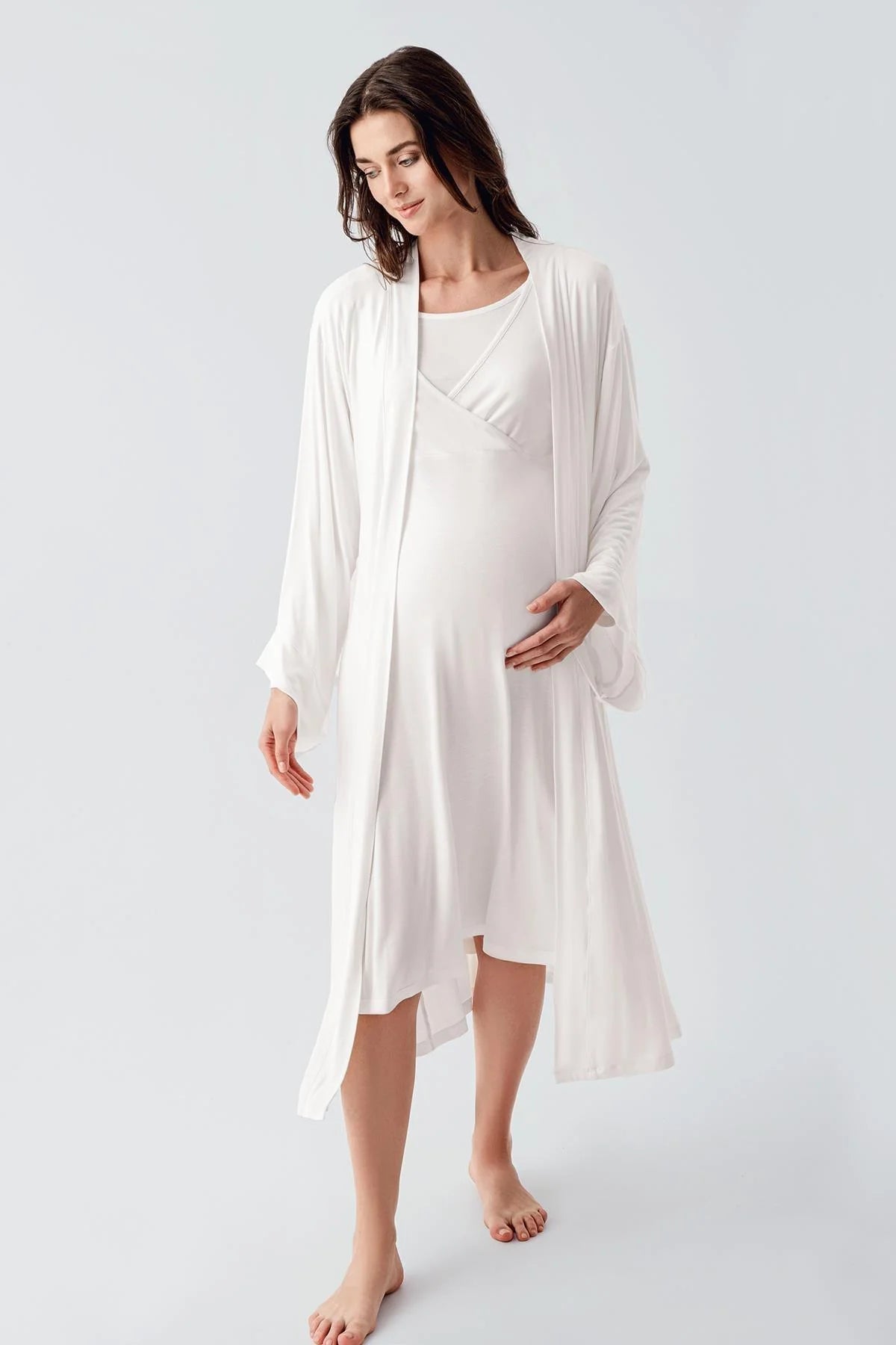 Melange Double Breasted Maternity & Nursing Nightgown With Robe Ecru - 24105