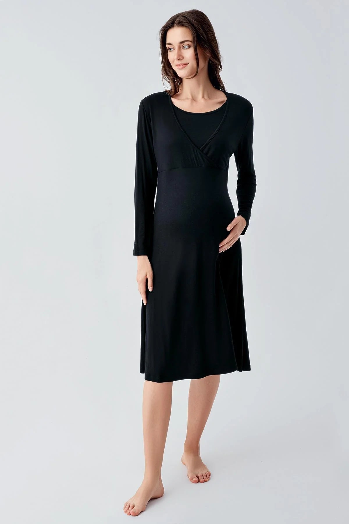 Melange Double Breasted Maternity & Nursing Nightgown With Robe Black - 24105