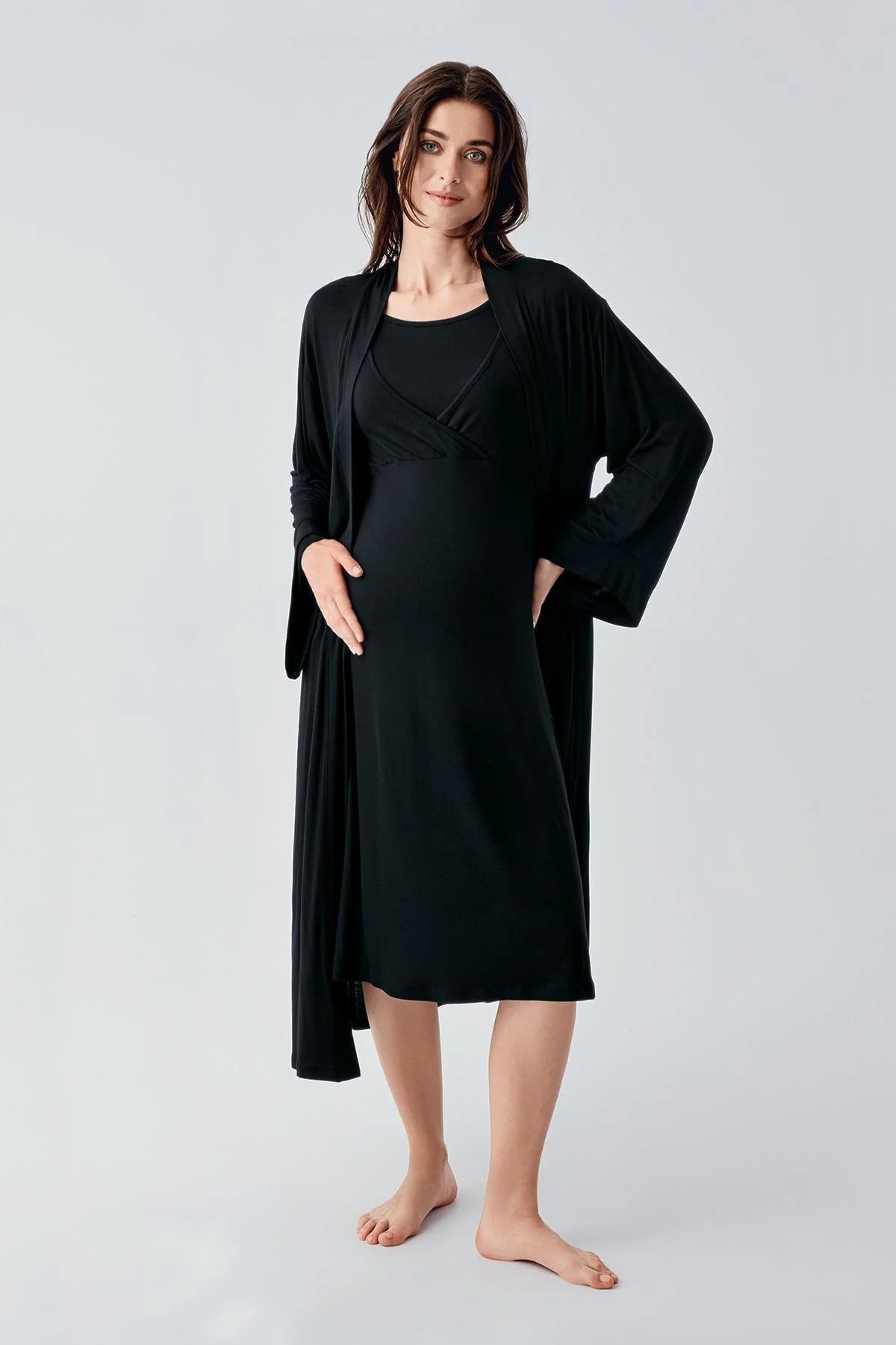 Melange Double Breasted Maternity & Nursing Nightgown With Robe Black - 24105