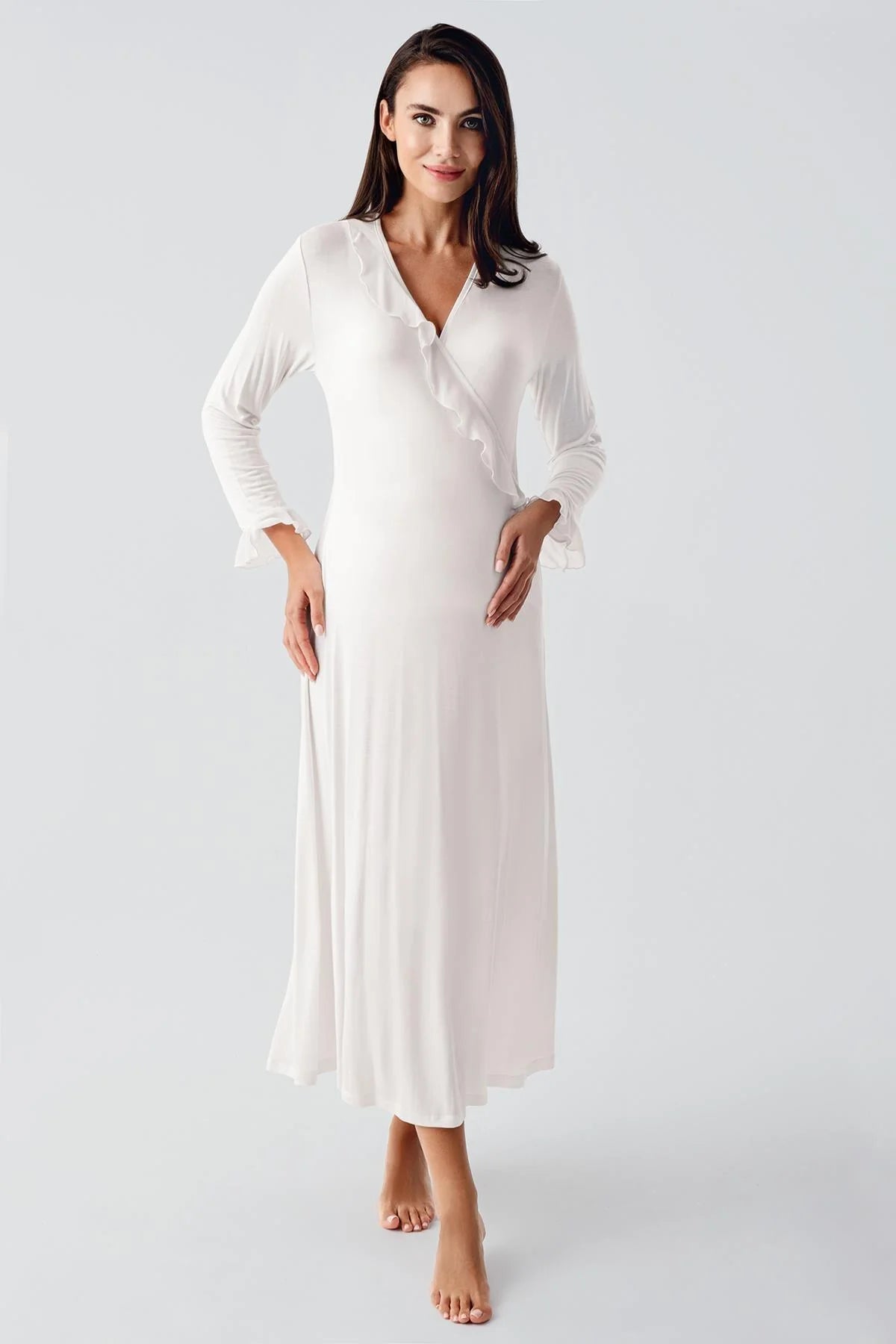 Chiffon Double Breasted Maternity & Nursing Nightgown With Flywheel Arm Robe Ecru - 24106