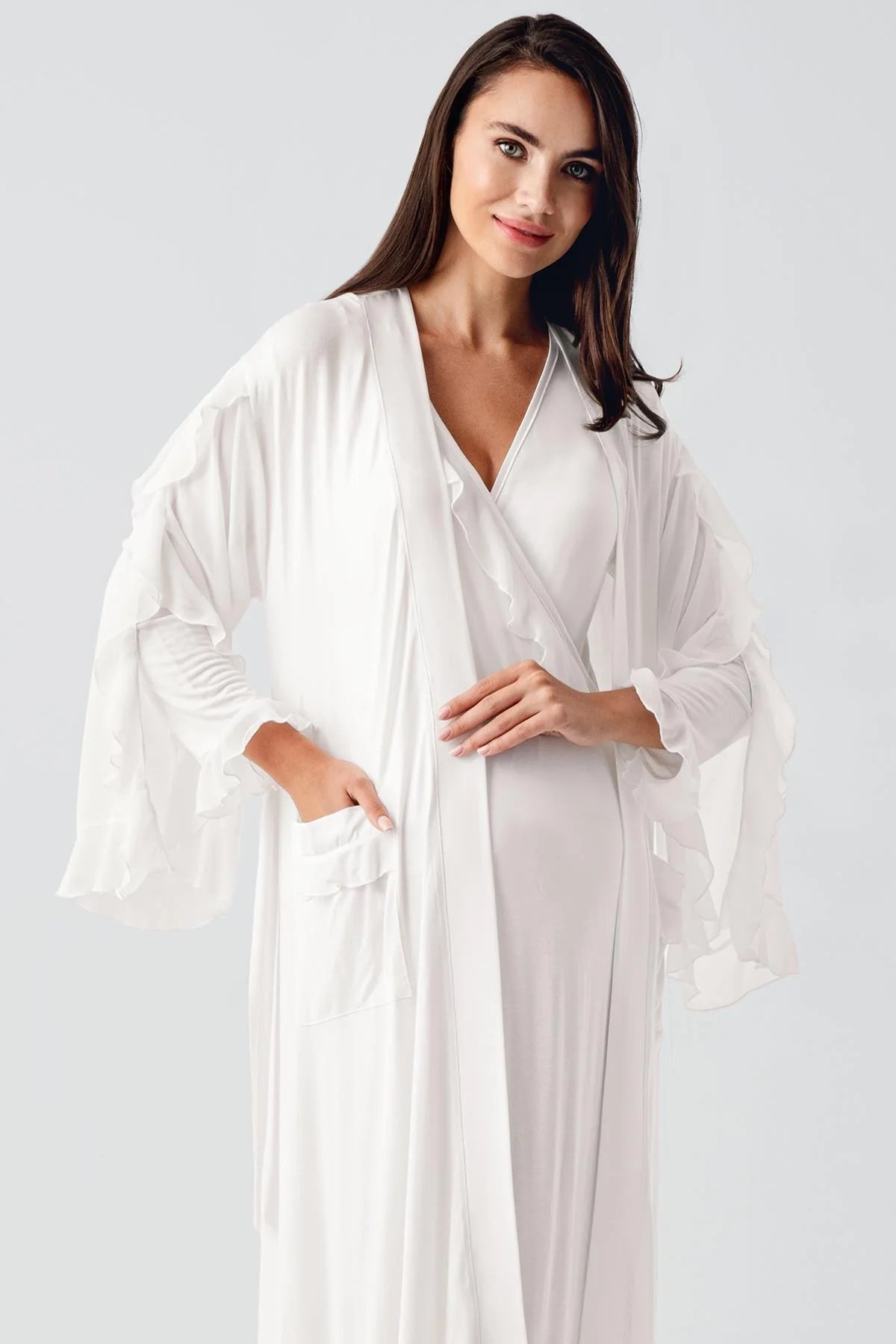 Chiffon Double Breasted Maternity & Nursing Nightgown With Flywheel Arm Robe Ecru - 24106