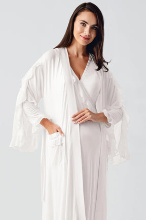 Chiffon Double Breasted Maternity & Nursing Nightgown With Flywheel Arm Robe Ecru - 24106