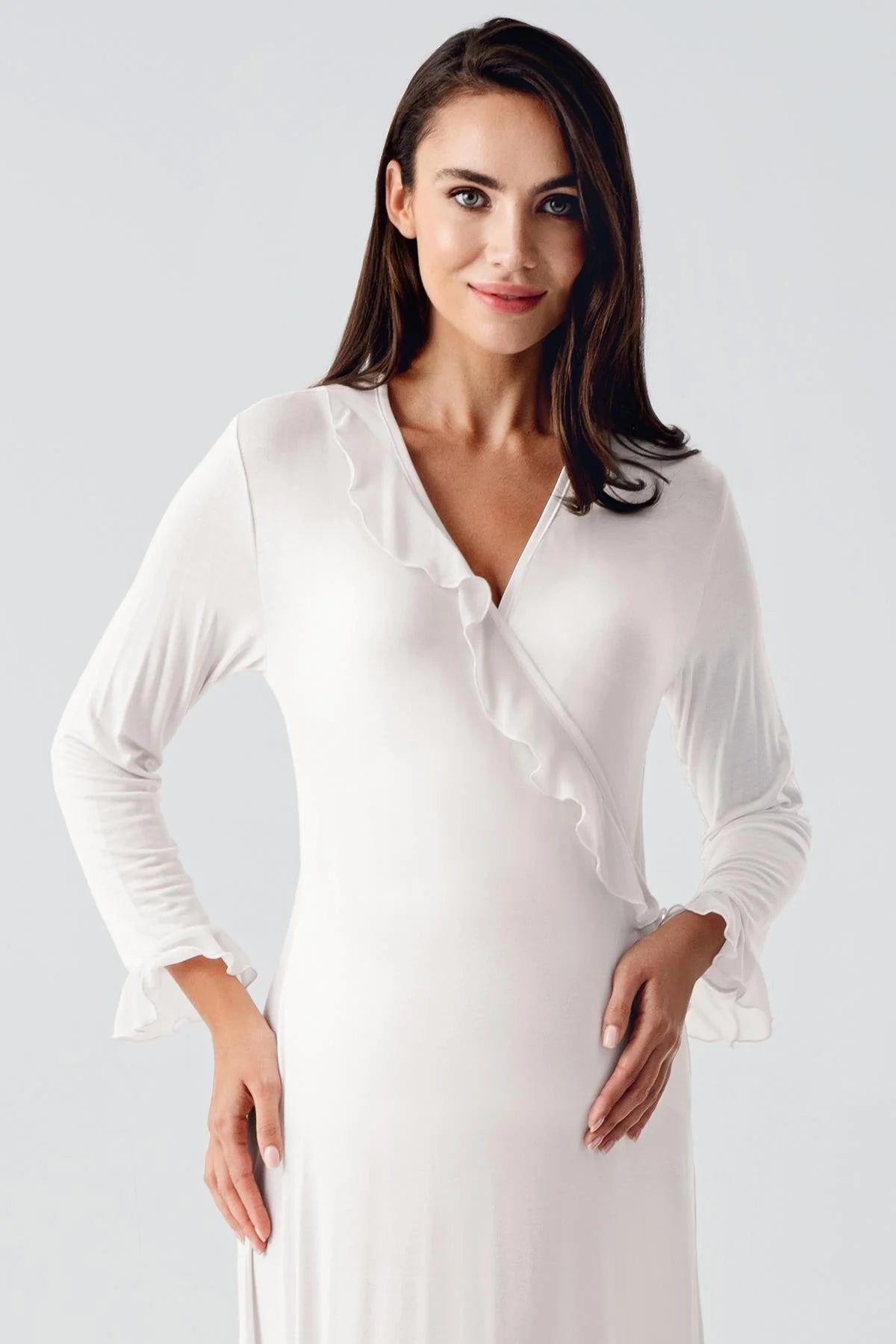 Chiffon Double Breasted Maternity & Nursing Nightgown With Flywheel Arm Robe Ecru - 24106