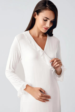 Chiffon Double Breasted Maternity & Nursing Nightgown With Flywheel Arm Robe Ecru - 24106