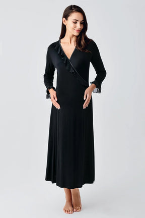 Chiffon Double Breasted Maternity & Nursing Nightgown With Flywheel Arm Robe Black - 24106