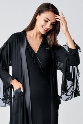 Chiffon Double Breasted Maternity & Nursing Nightgown With Flywheel Arm Robe Black - 24106