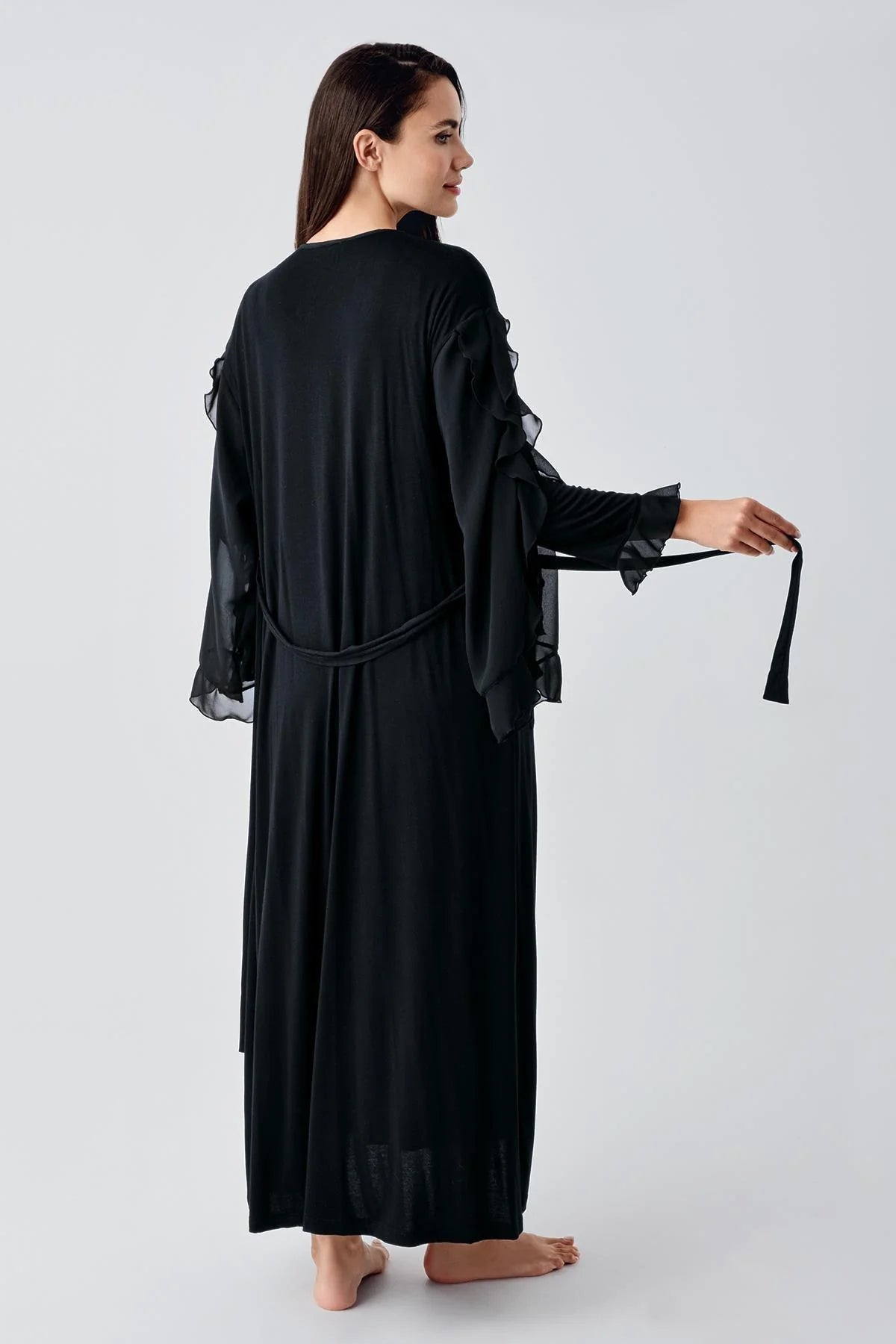 Chiffon Double Breasted Maternity & Nursing Nightgown With Flywheel Arm Robe Black - 24106