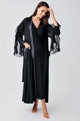 Chiffon Double Breasted Maternity & Nursing Nightgown With Flywheel Arm Robe Black - 24106