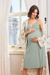 Lace Strappy Maternity-Nursing Nightgown & Spring Pattern Robe Set Green - 24163