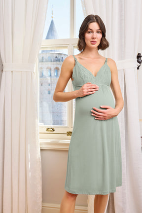 Lace Strappy Maternity-Nursing Nightgown & Spring Pattern Robe Set Green - 24163