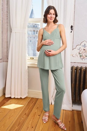 Lace Strappy 3-Piece Maternity-Nursing Pajama & Spring Pattern Robe Set Green - 24164