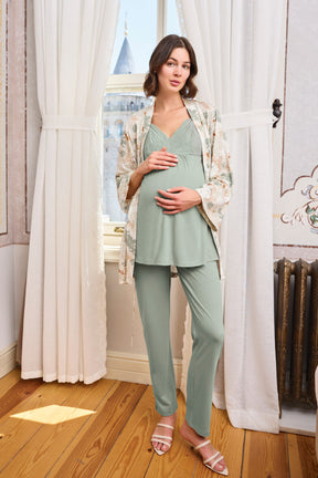 Lace Strappy 3-Piece Maternity-Nursing Pajama & Spring Pattern Robe Set Green - 24164