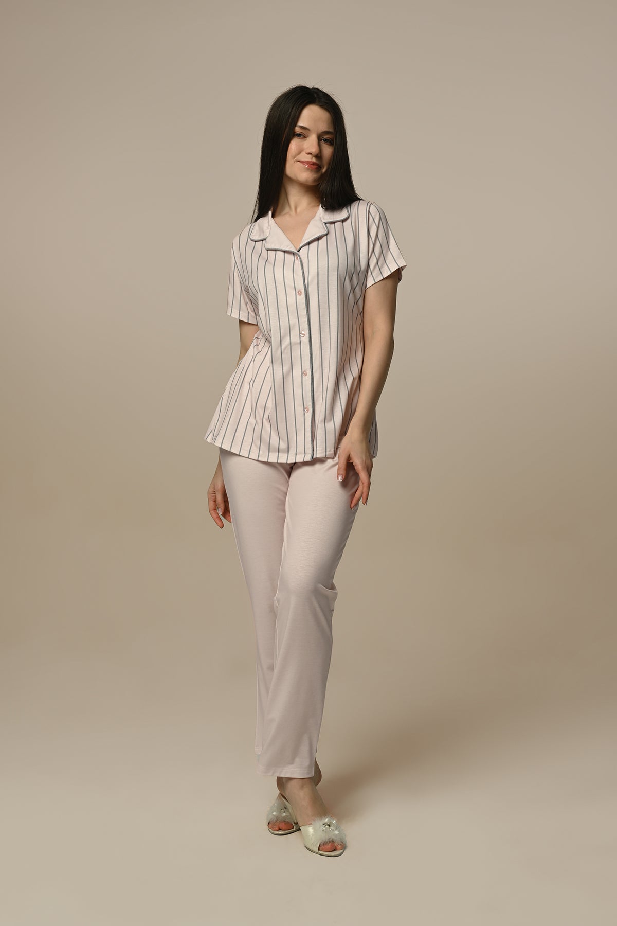 Stripe Maternity & Nursing Pajamas Powder - 24201