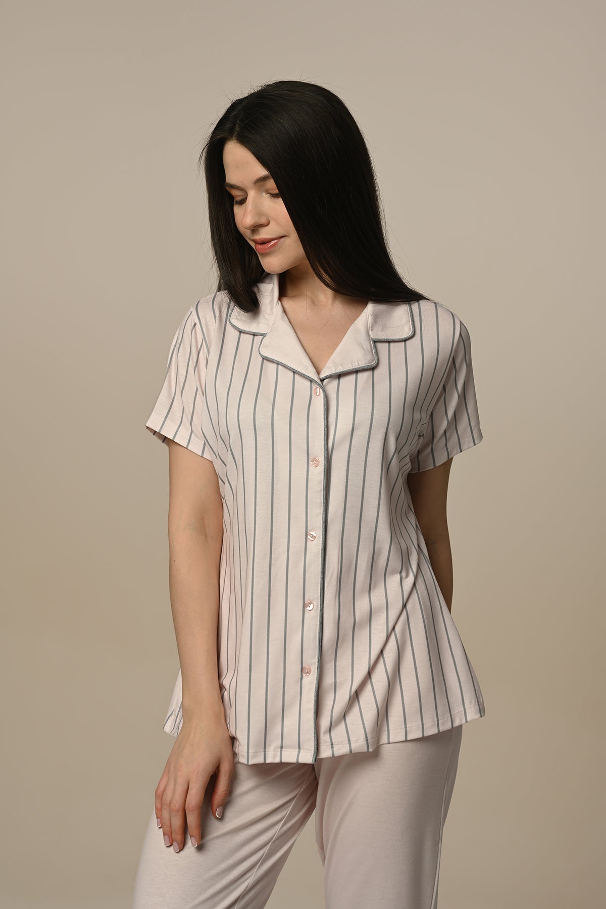 Stripe Maternity & Nursing Pajamas Powder - 24201