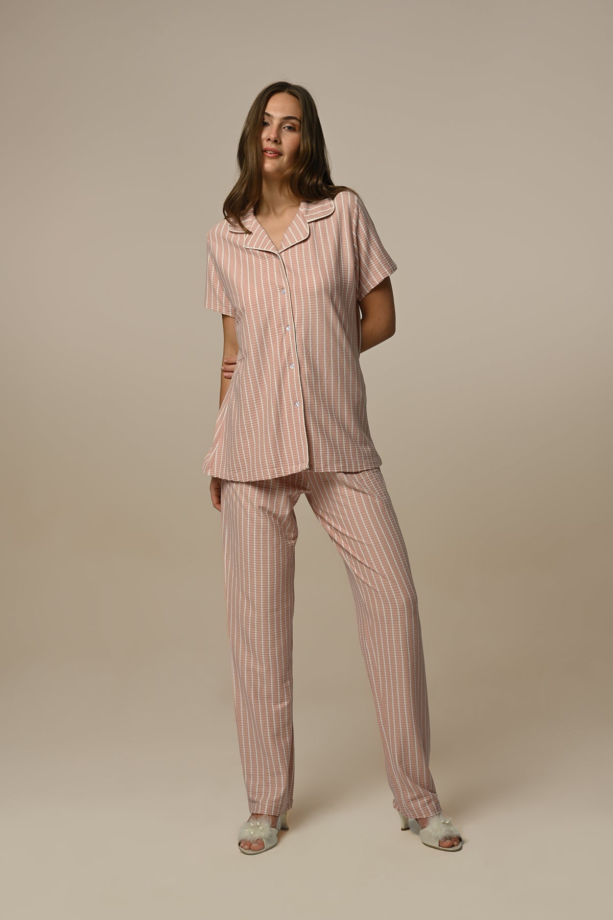 Ribbed Stripe Maternity & Nursing Pajamas Powder - 24202