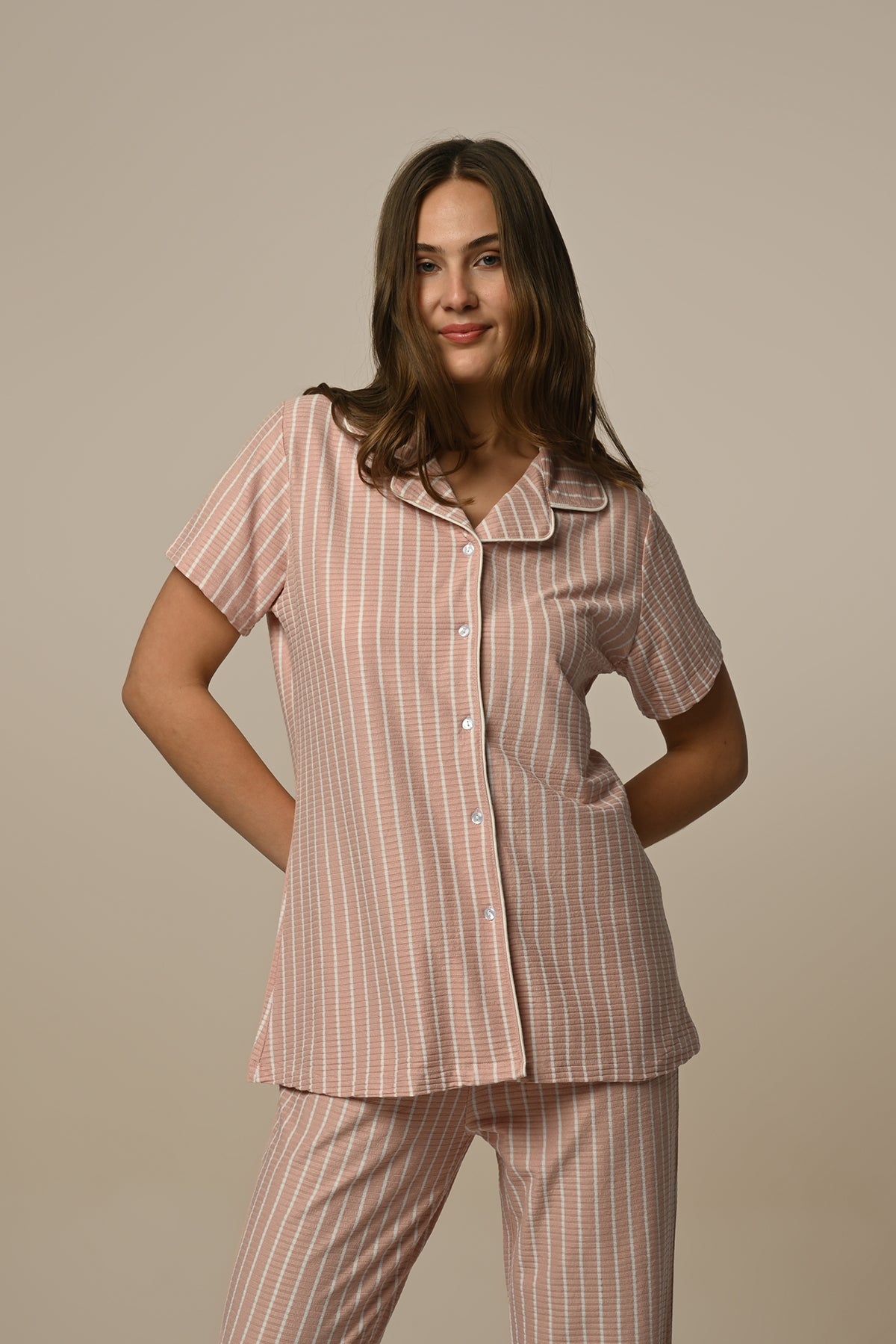 Ribbed Stripe Maternity & Nursing Pajamas Powder - 24202