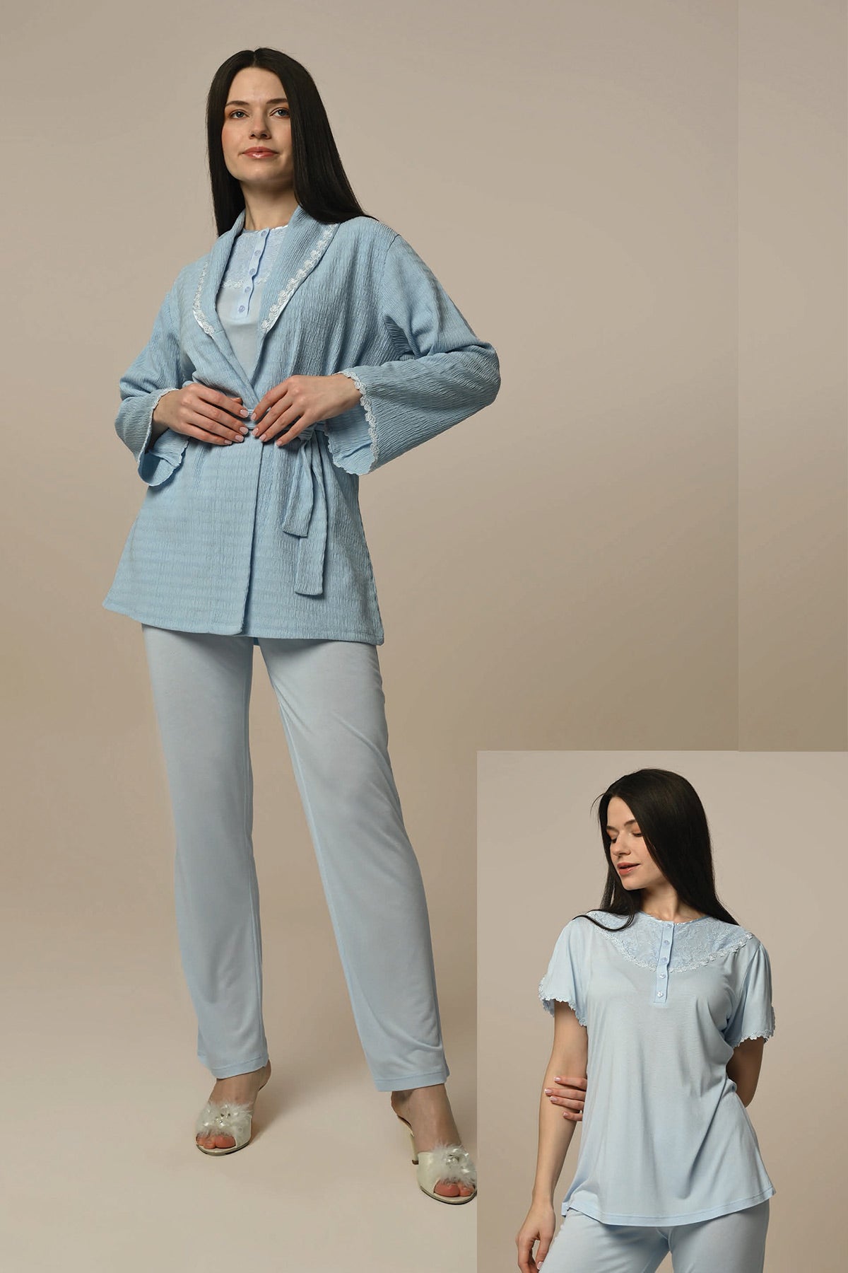 Lace Stripe 3-Pieces Maternity & Nursing Pajamas With Robe Blue - 24301