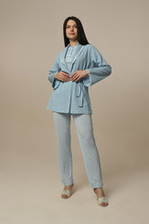 Lace Stripe 3-Pieces Maternity & Nursing Pajamas With Robe Blue - 24301