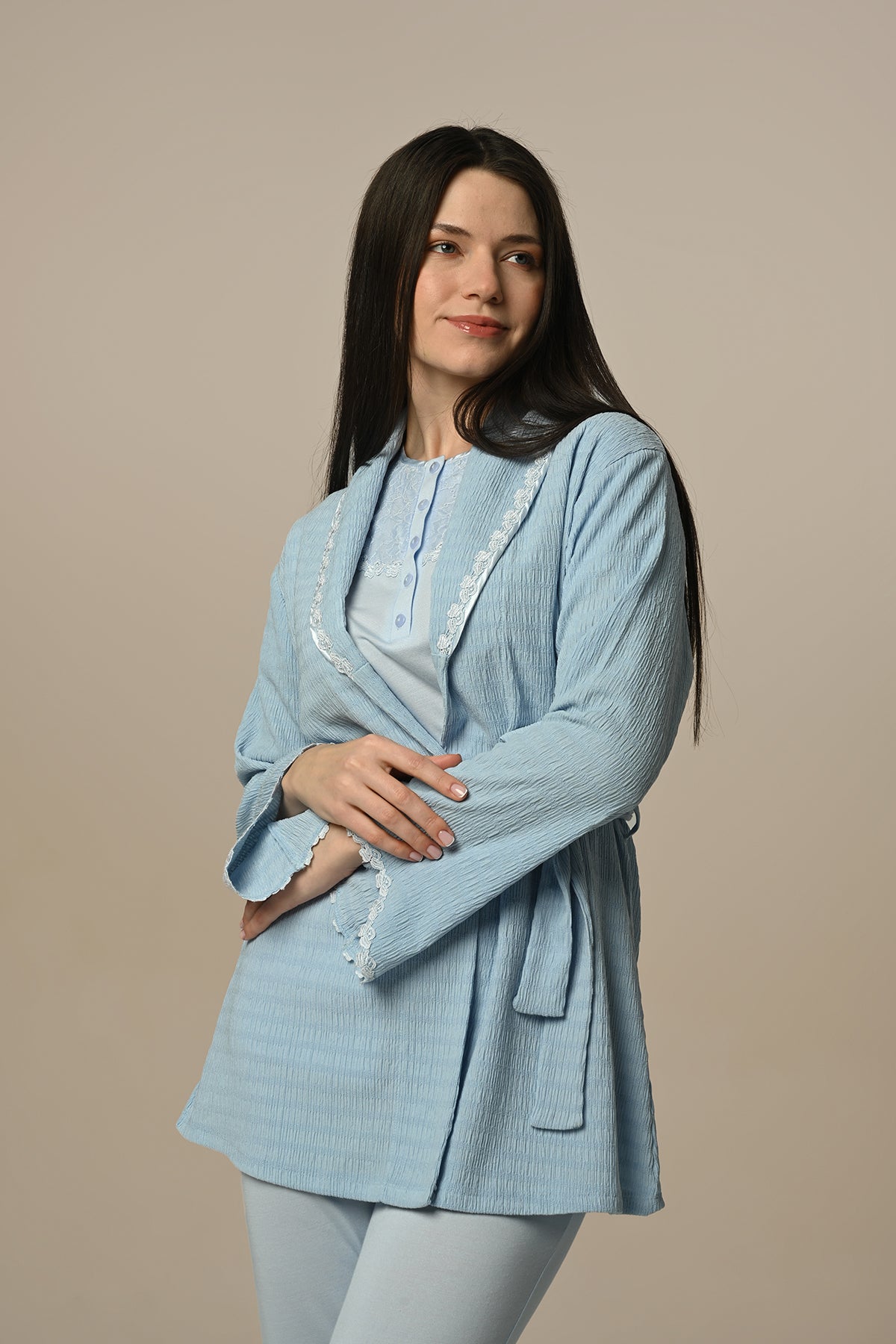 Lace Stripe 3-Pieces Maternity & Nursing Pajamas With Robe Blue - 24301