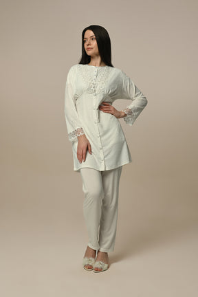 Lace Embroidered 3-Pieces Maternity & Nursing Pajamas With Jacquard Robe Ecru - 24306