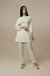 Lace Embroidered 3-Pieces Maternity & Nursing Pajamas With Jacquard Robe Ecru - 24306