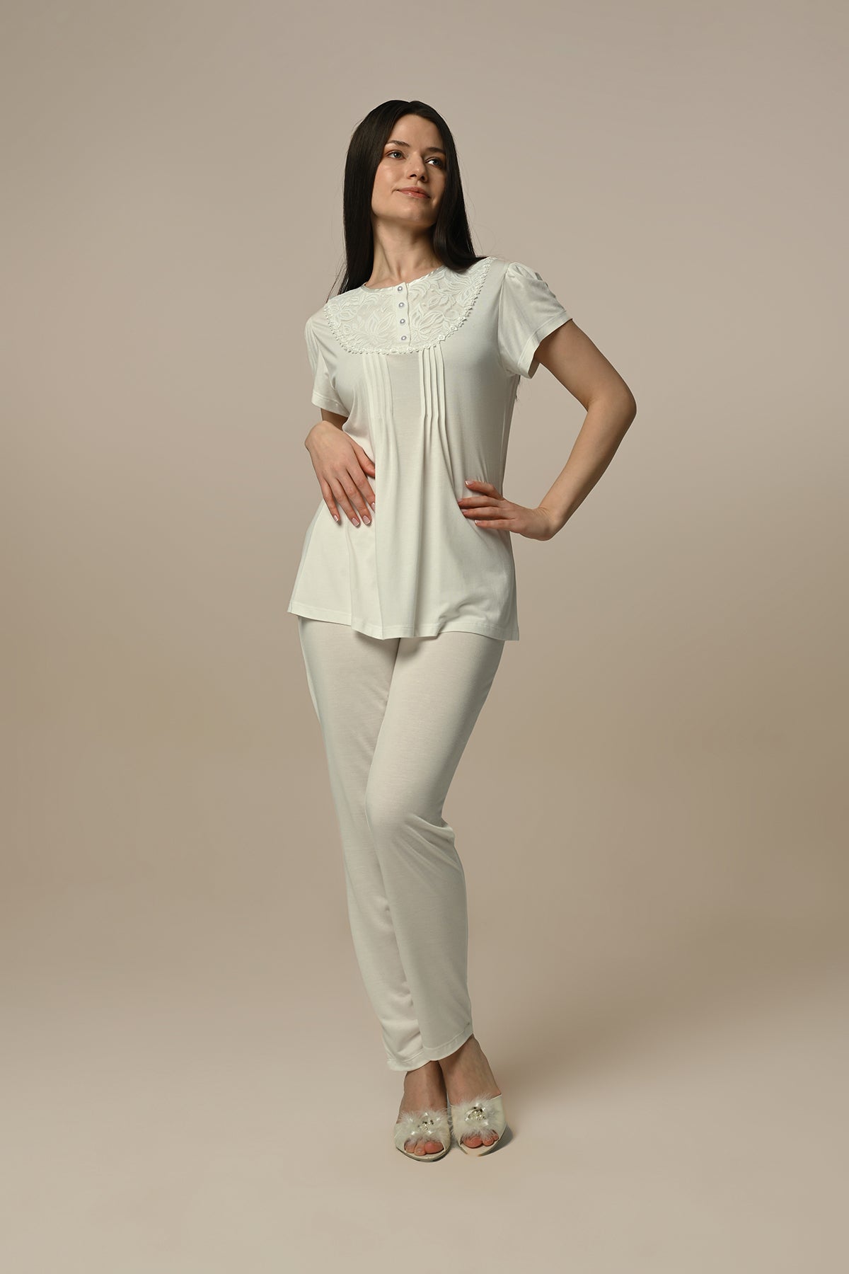 Lace Embroidered 3-Pieces Maternity & Nursing Pajamas With Jacquard Robe Ecru - 24306