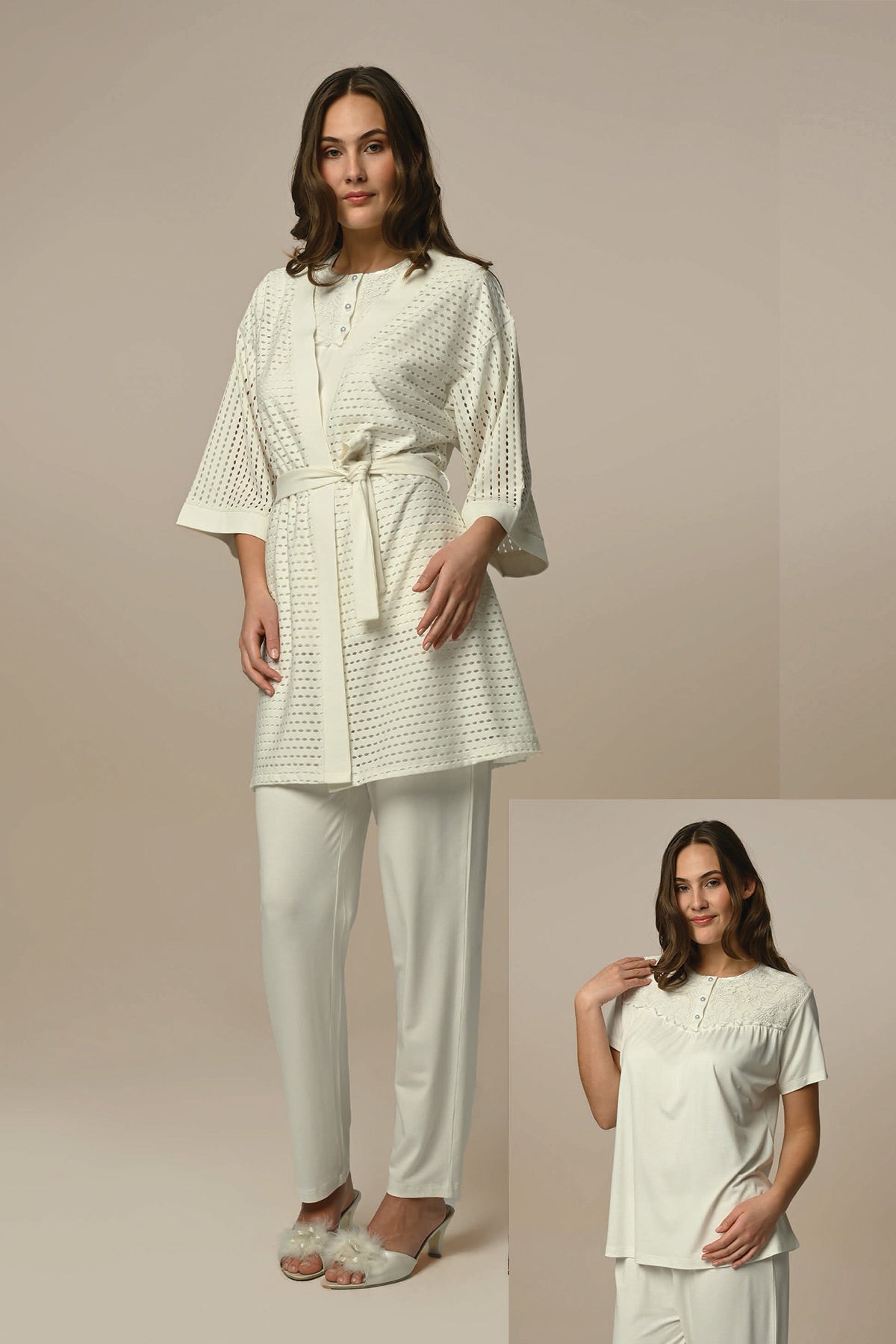 Lace Collar 3-Pieces Maternity & Nursing Pajamas With Robe Ecru - 24308