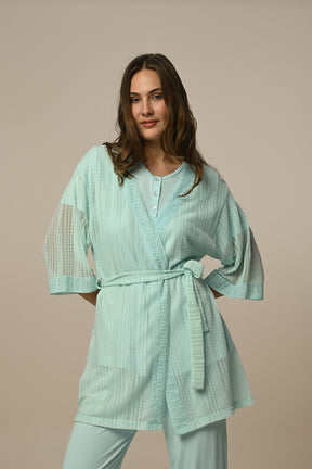 Guipure Collar 3-Pieces Maternity & Nursing Pajamas With Tulle Robe Green - 24309