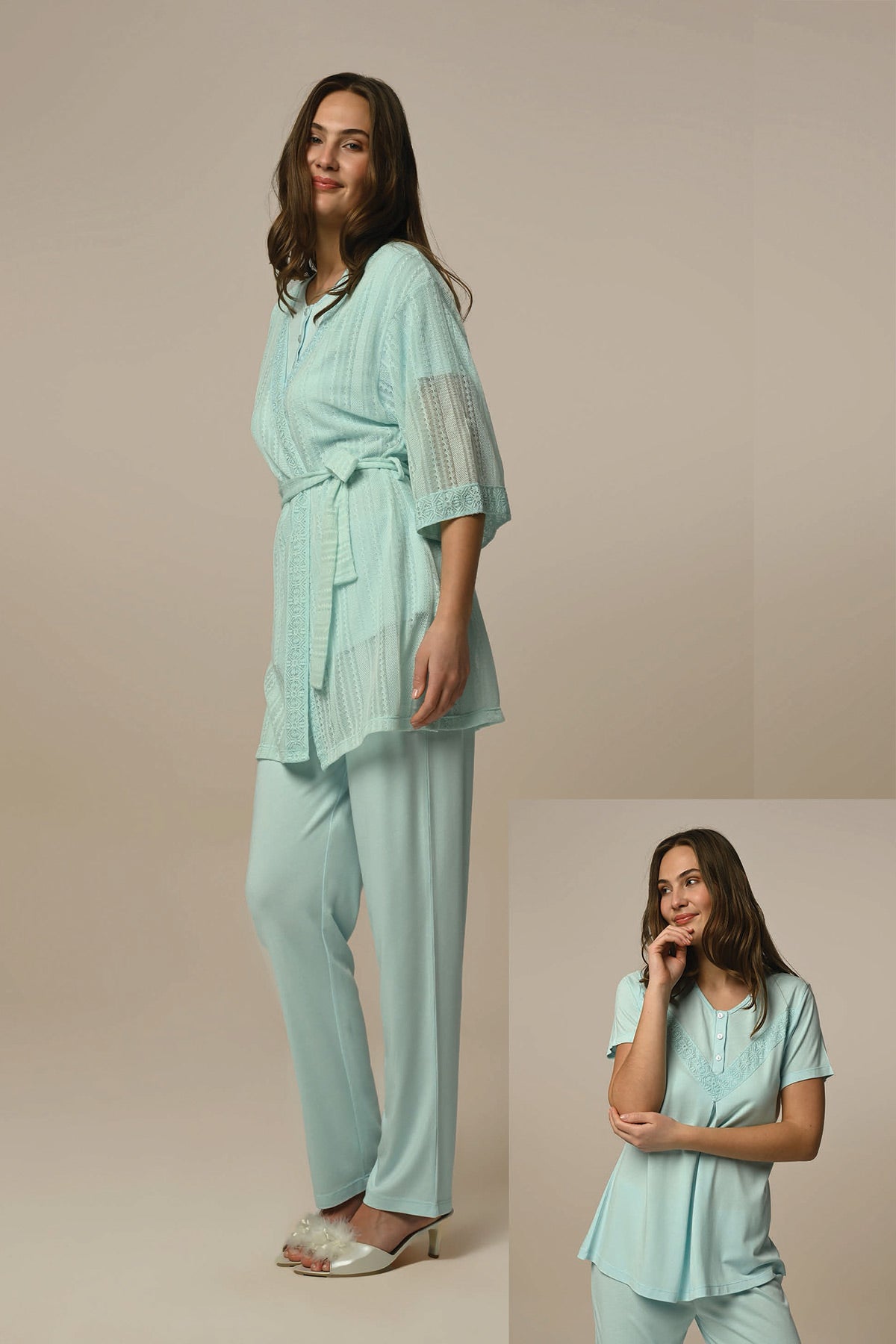 Guipure Collar 3-Pieces Maternity & Nursing Pajamas With Tulle Robe Green - 24309