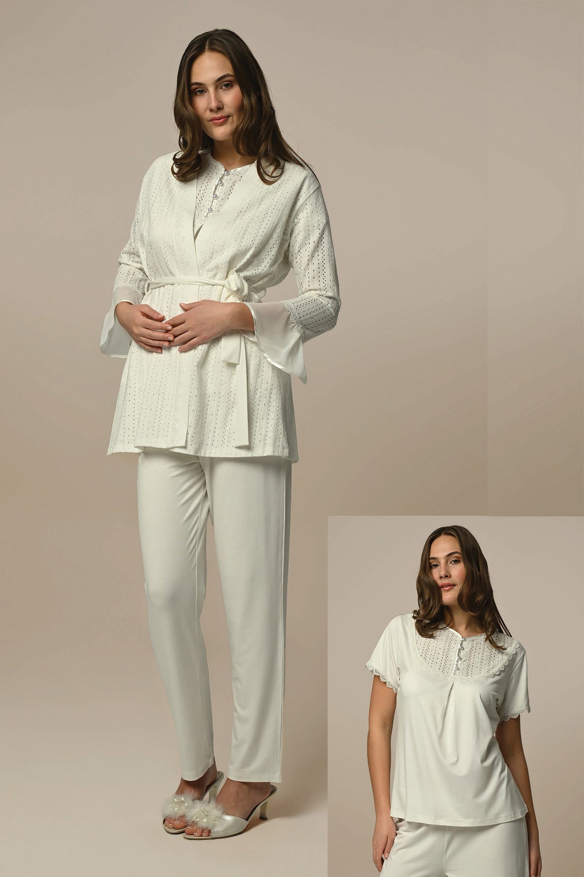 Lace 3-Pieces Maternity & Nursing Pajamas With Tulle Sleeve Robe Ecru - 24310