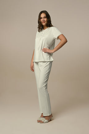 Lace 3-Pieces Maternity & Nursing Pajamas With Tulle Sleeve Robe Ecru - 24310