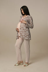 Flowery Lace 3-Pieces Maternity & Nursing Pajamas With Robe Powder - 24311