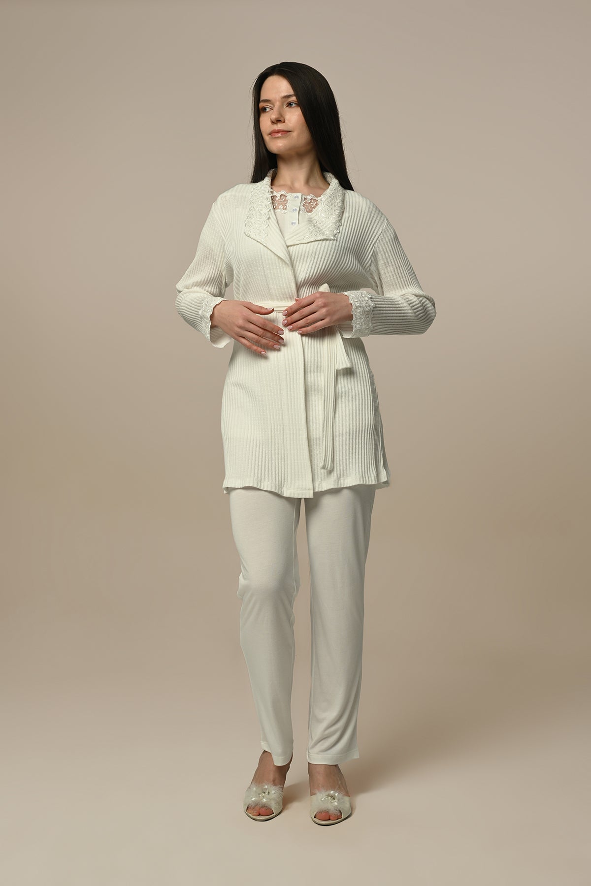 Lace Collar 3-Pieces Maternity & Nursing Pajamas With Ribbed Robe Ecru - 24312