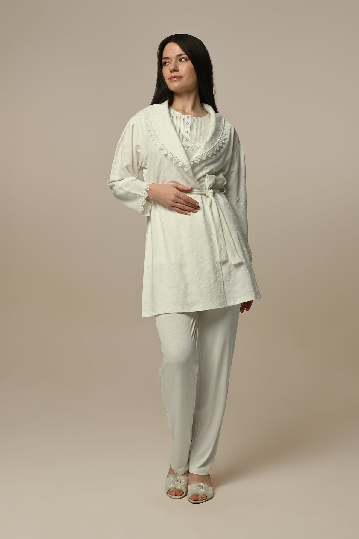 Lace Collar 3-Pieces Maternity & Nursing Pajamas With Jacquard Robe Ecru - 24313